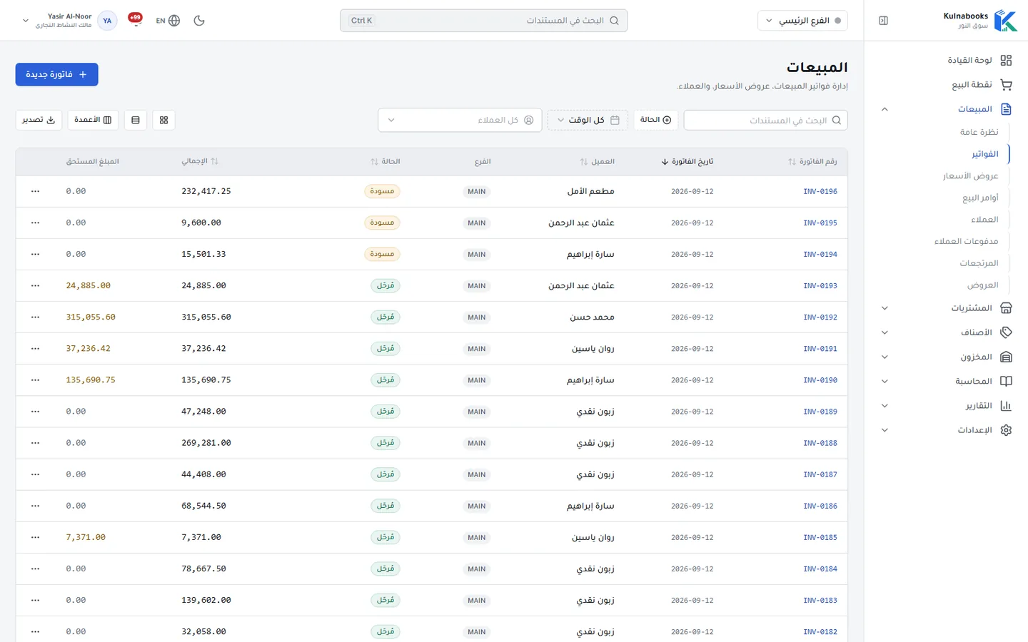 فواتير المبيعات في الإدارة الخلفية لـ Kulnabooks: كل فاتورة برقمها وتاريخها وعميلها وفرعها وإجماليها والرصيد المستحق عليها، وحالتها: مسودة أو مُرحَّلة أو ملغاة أو مُرتجَعة.