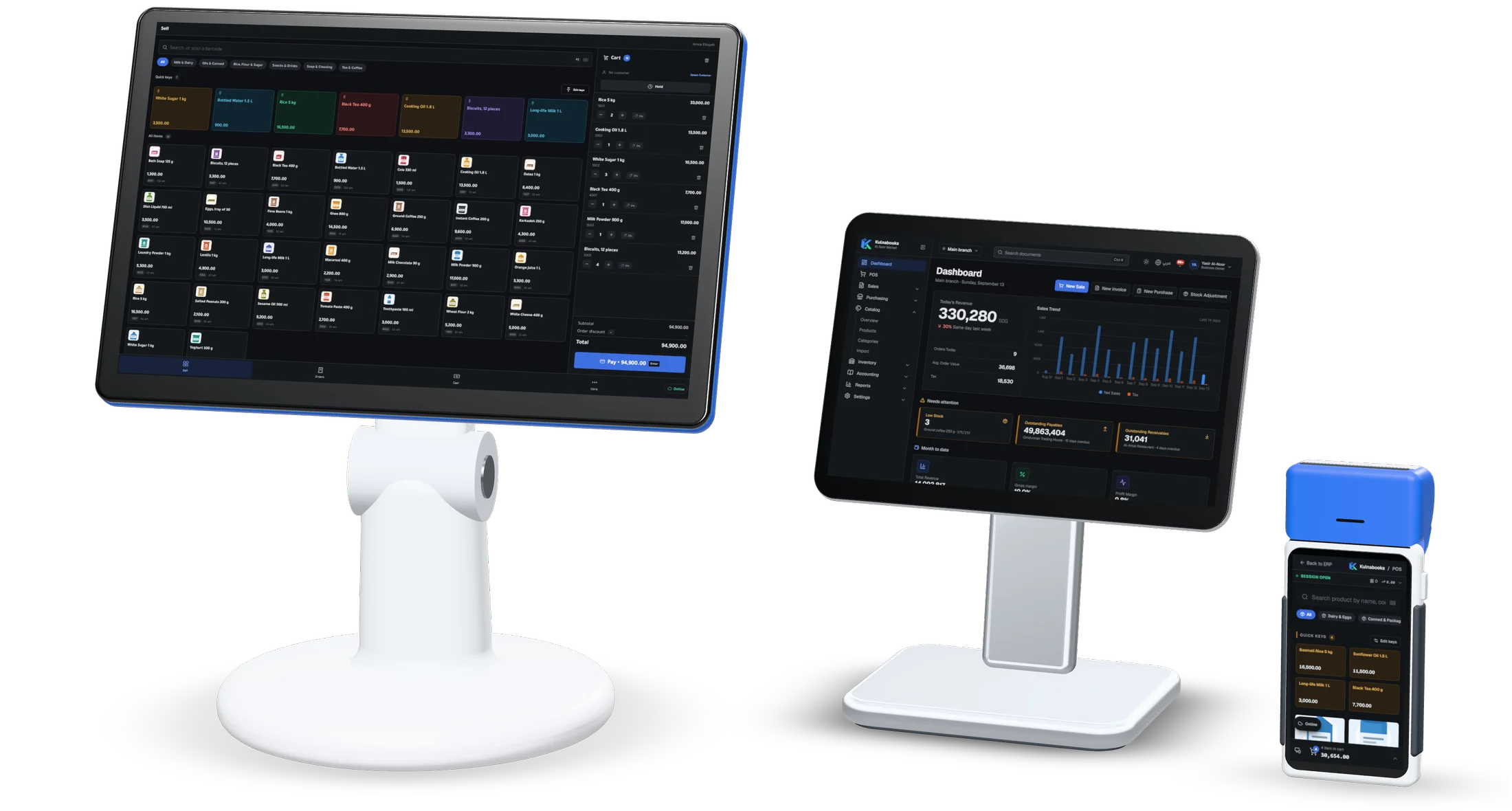 The three setups Kulnabooks runs on, side by side: the Windows till selling on a counter terminal, the owner’s dashboard on a tablet on a stand, and the browser till on a handheld.