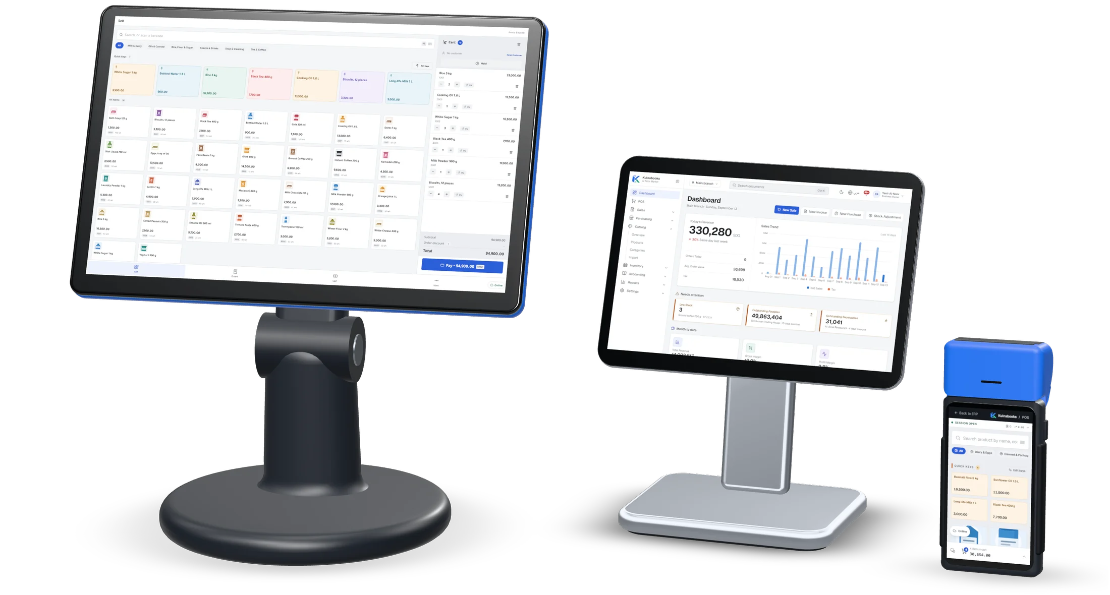 The three setups Kulnabooks runs on, side by side: the Windows till selling on a counter terminal, the owner’s dashboard on a tablet on a stand, and the browser till on a handheld.